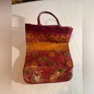 Elegant Vintage Leather Burgundy and Gold Patterned Tote Bag